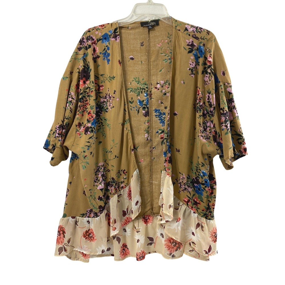 Suzanne Betro Kimono Women XL Floral Open Front Ruffle Hem Boho Festival Duster